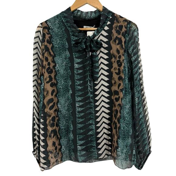 Elena Baldi Silk Blend Bow Tie Blouse Top Sz M Made in Italy Sheer Print NWT - Picture 2 of 8